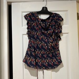 Odille silk floral flutter sleeve top with drawstring waist